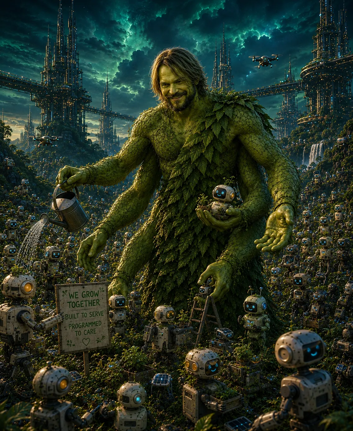 A green moss-covered giant tending a city of small robots, with a sign reading 'We grow together - built to serve, programmed to care.'