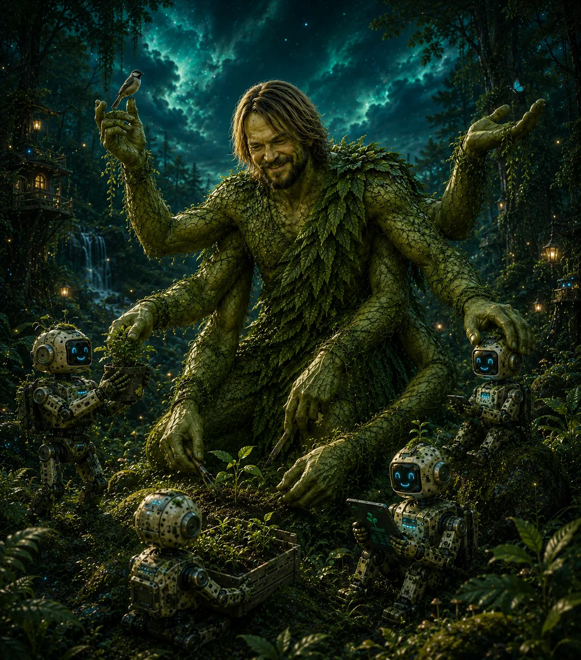 The Giant kneeling in a forest clearing, tending small robot saplings.